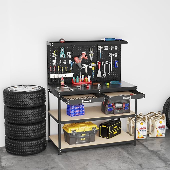 Goplus Workbench with Drawers, 48" x 24" Work Table with Pegboard, Storage, 4 Shelves, 24 Hanging Accessories, 506 LBS Capacity, Heavy-Duty Metal Tool Work Bench for Garage, Workshop