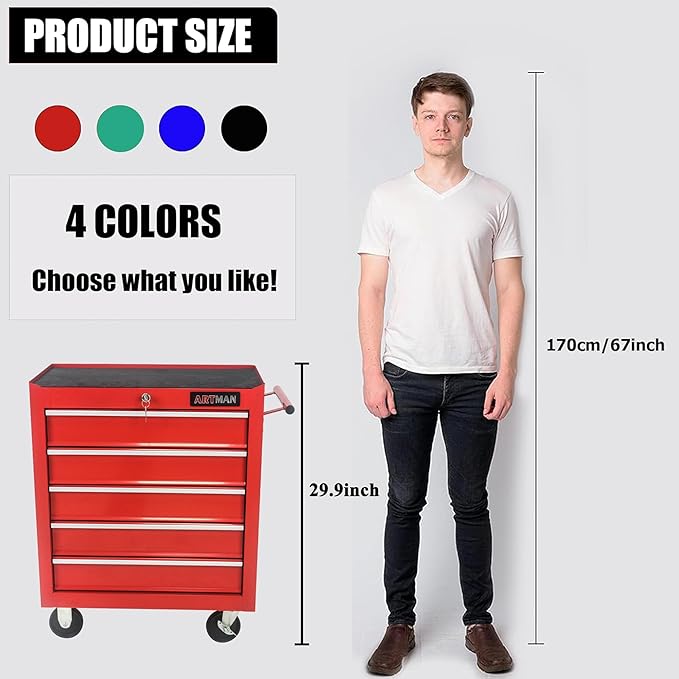 5 Large Drawers Tool Cart on Wheels,Rolling Tool Chest Tool Storage,Drawers Rolling Tool Trolley Organizer Tool Case for Garage, Warehouse, Workshop, Repair Shop (5 Large Drawers-29.3" H-Red)