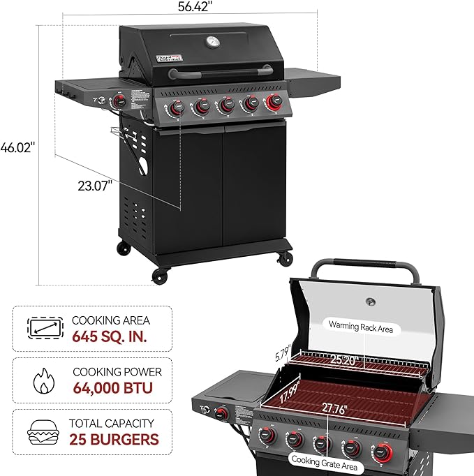 Royal Gourmet GA5407H 5 Burner Propane Gas Grill with Foldable Right-Side Table & Warming Rack, Cabinet Style Gas BBQ Grill for Barbecue Grilling & Backyard Cooking, Black