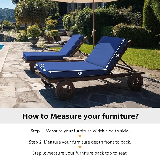 Sundale Outdoor Olefin Chaise Lounge Cushion Set of 2, Water-Resistant Patio Lounge Chair Cushion, Thick Lounger Pad with 4 Straps Dark Blue, 72 x 21 x 4 Inches