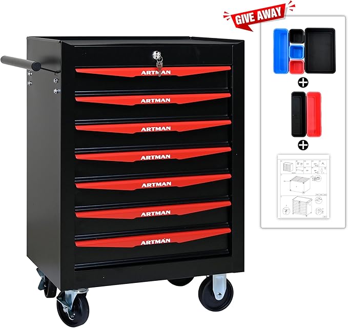 7 Drawers Tool Cart on Wheels, Multifunctional Rolling Tool Storage Chest, Drawers Rolling Trolley Organizer Tool Box for Warehouse, Garage, Workshop, Repair Shop (7 Drawers-30.5" H)