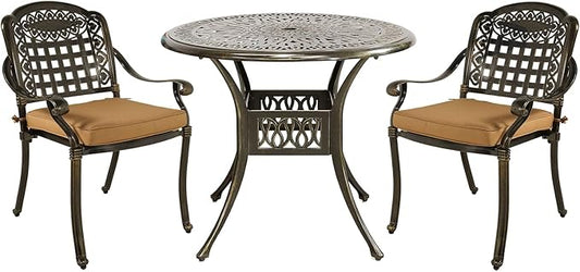 MEETWARM 3 Piece Patio Bistro Set, Outdoor All-Weather Cast Aluminum Dining Furniture Set Includes 2 Chairs with Cushions and a 35.4” Round Table with Umbrella Hole for Garden Deck