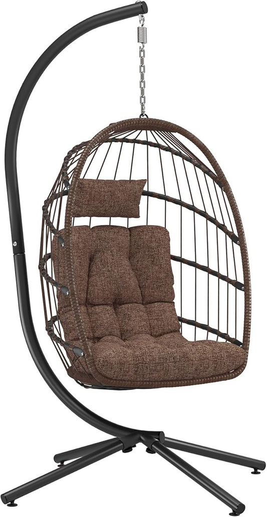 Hanging Egg Chair with Stand, Outdoor Indoor Swing Egg Chair with Cushion, Wicker Hammock for Patio, Bedroom 350 LBS Capacity-Brown