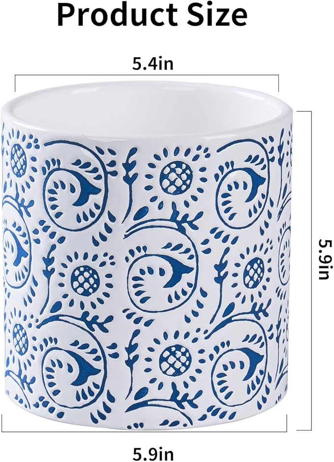 Ceramic Plant Pot for Indoor Plants, 6 Inch Boho Flower Pot with Drainage Holes, Modern Planter for Home & Office Decor(Blue)