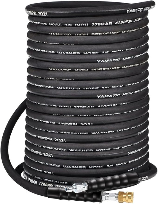 YAMATIC 3/8" Pressure Washer Hose 100 FT 4200 PSI for Hot/Cold Water, Kink Resistant Swivel 3/8" & M22-14 Quick Connection Wear Resistant Industry Grade Compatible with Most Power Washer