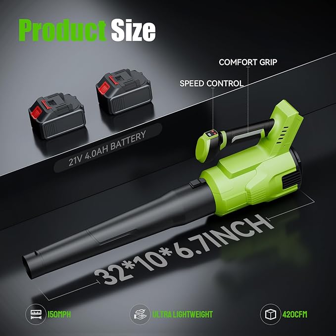 Cordless Leaf Blower 2X21V 4Ah Battery 150MPH 420CFM Lightweight Electric Leaf Blower with Variable Speed for Yard Lawn Patio Outdoor Cleaning(Green)