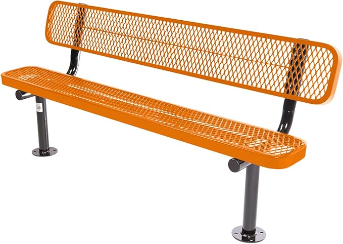 COATEDOUTDOORFURNITURE Heavy-Duty Outdoor Bench Thermoplastic Coated, Expanded Metal, Commercial-Grade Seating, Made in America (Surface with Back, 6 Ft, Textured Orange)