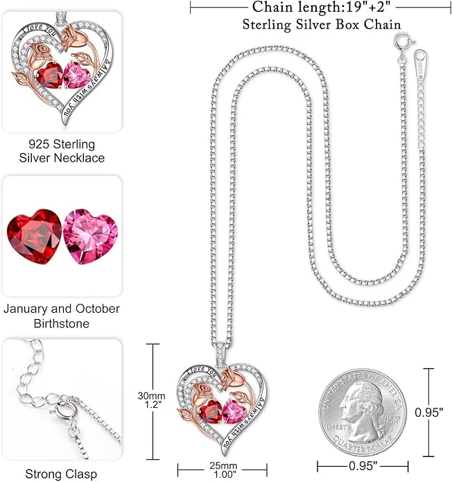 Iefil Christmas Gifts for Women Wife - 925 Sterling Silver Rose Heart Birthstone Necklace Birthday Anniversary Jewelry Gifts for Her Wife Mom Daughter