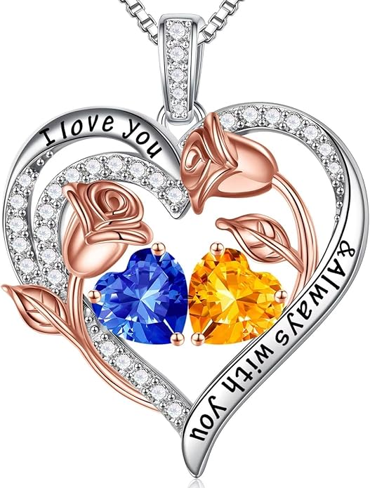 Iefil Christmas Gifts for Women Wife - 925 Sterling Silver Rose Heart Birthstone Necklace Birthday Anniversary Jewelry Gifts for Her Wife Mom Daughter