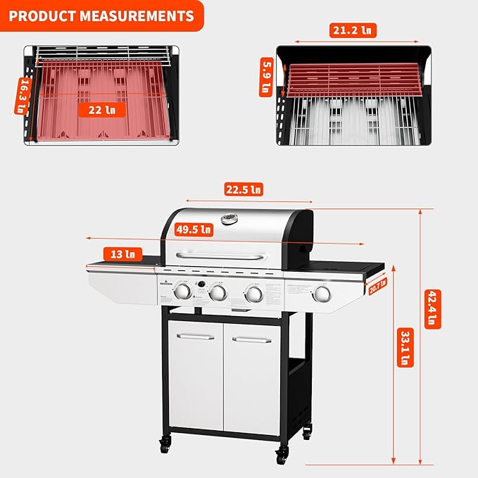 3-Burner Propane Gas BBQ Grill with Side Burner, 40,000 BTU Stainless Steel Gas Grill with Wheels and Storage,Outdoor cooking for Barbecue,Patio,Camping