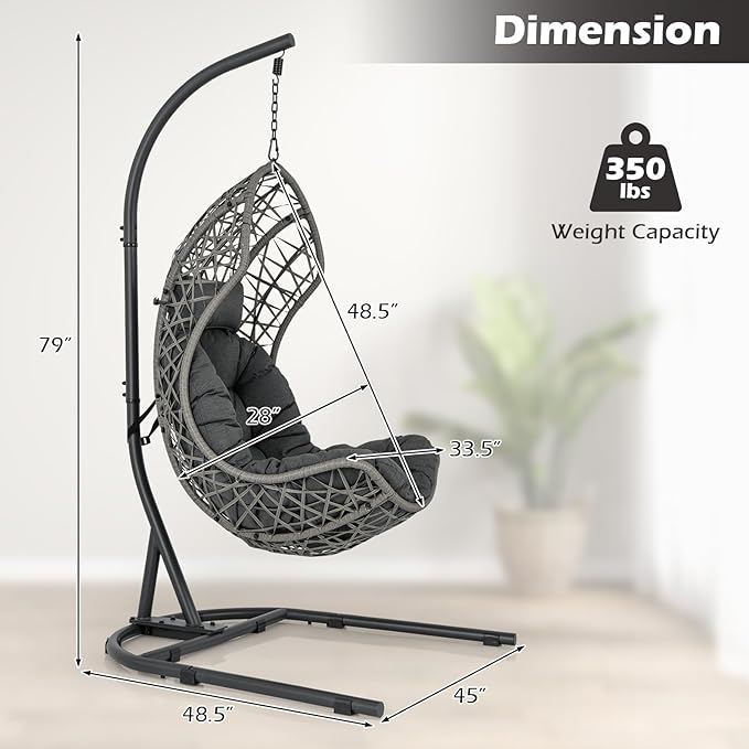 Giantex Egg Chair Outdoor Indoor - Hammock Chair with Stand, Pillow, Cushion, Hanging Accessories, PE Rattan Hanging Basket Chair for Living Room, Bedroom, 350 LBS Capacity Patio Swing Chair, Grey