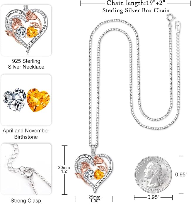 Iefil Christmas Gifts for Women Wife - 925 Sterling Silver Rose Heart Birthstone Necklace Birthday Anniversary Jewelry Gifts for Her Wife Mom Daughter