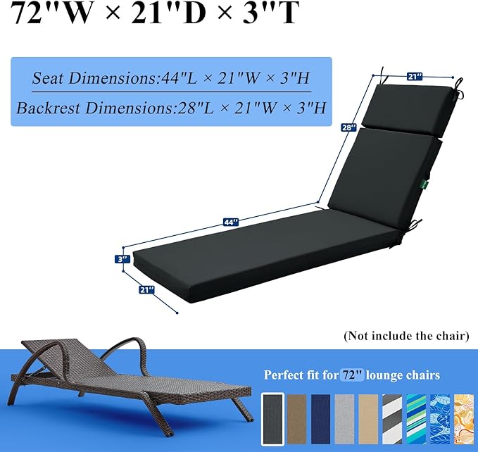 FILUXE Chaise Lounge Cushions Outdoor Furniture, High-Density Foam Chair Cushion with Ties, Weather & Fade Resistant - Patio Recliner Chairs Cushions for Lawn,Pool & Beach 72x21x3 Inch, Deep Grey