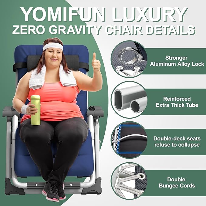 XL Zero Gravity Lounge Chair 29", Oversized Padded Folding Recliner for Patio with Storage Bag, Removable Cushion, Footrest, Full Aluminum Lock & Large Cup Holder, Supports 450 lbs, Blue