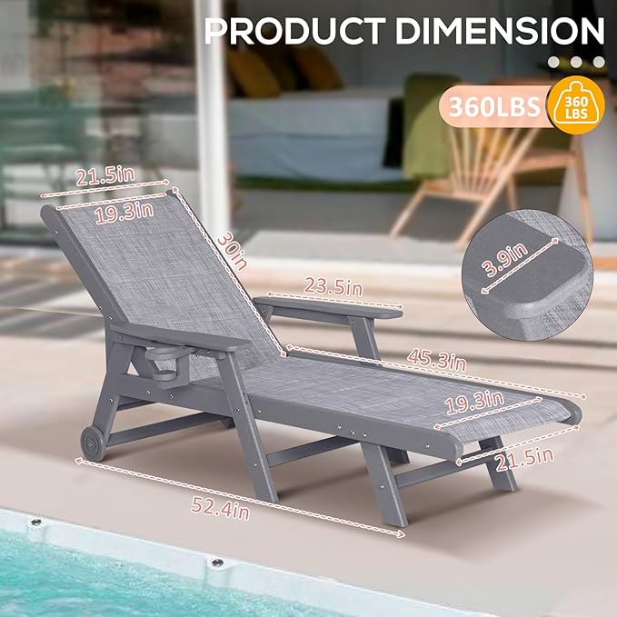 Outdoor Chaise Lounge Set of 2, 5-Position Adjustable Patio Chair with Wheels & Cup Holder, HDPE Pool Chair with Textilene Surface for Outside, Poolside & Beach (Grey, 2)
