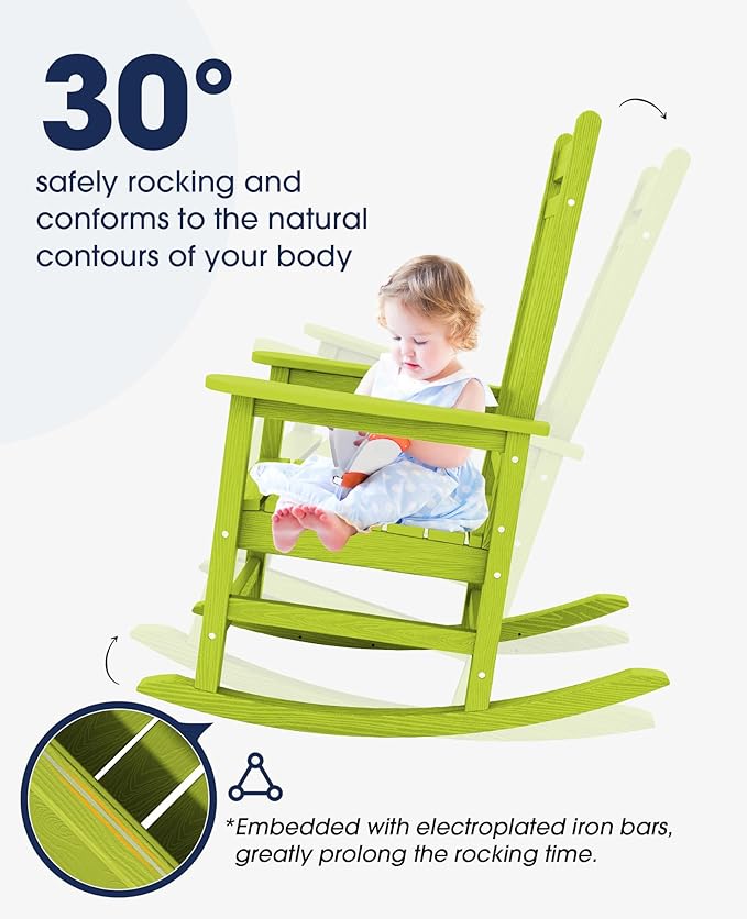 KINGYES Outdoor Rocking Chairs Set of 2, All-Weather Patio Rocking Chair for Porch, HDPE Rocking Outdoor Chairs with High Back for Adult, Heavy Duty Outdoor Patio Rockers for Garden, Lawn, Apple Green