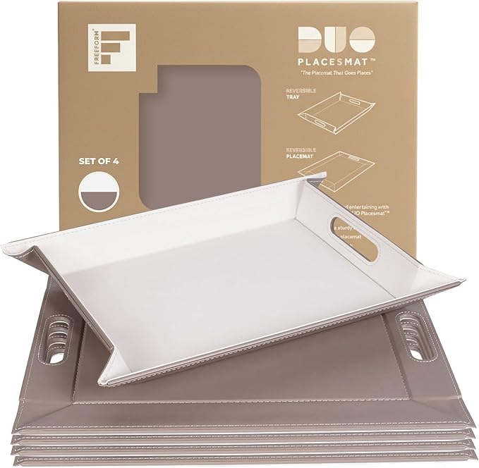PLACEsMAT 2-in-1 Faux Leather Placemat & Serving Tray | Reversible Design, Lays Flat & Easy to Clean | Ottoman Food Tray, Perfect Housewarming Gift, 18” x 14” (Taupe & White, Set of 4)