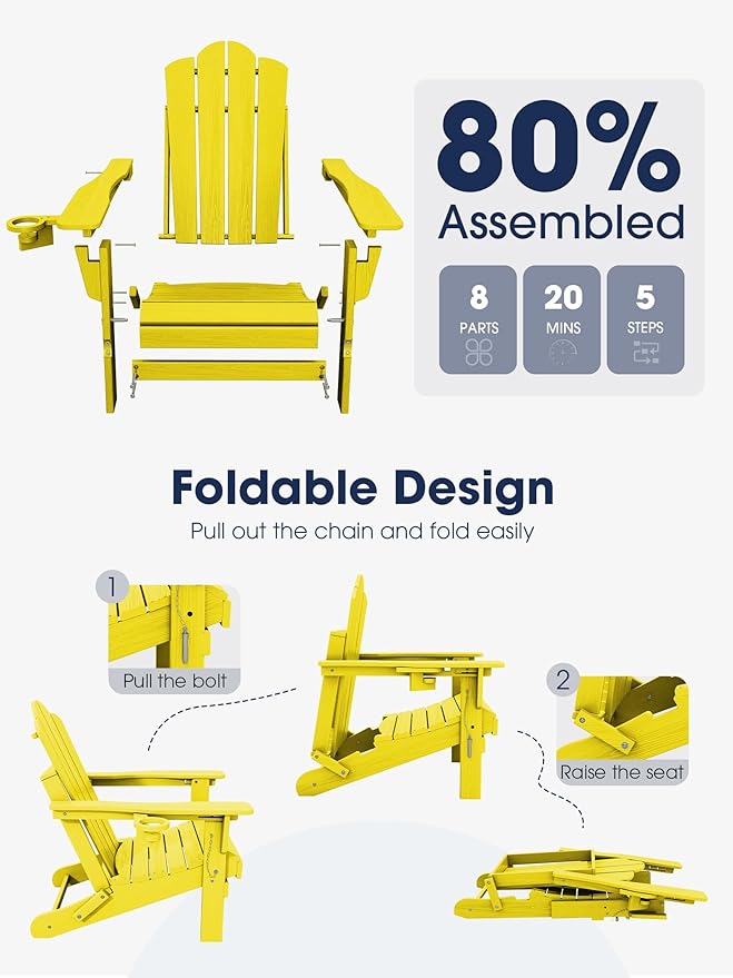 KINGYES Adjustable Folding Adirondack Chair, 3-Position Reclining Adirondack Chairs with Cup Holder, HDPE All-Weather Oversized Adirondack for Outdoor, Patio, Backyard Deck, Fire Pit, Yellow