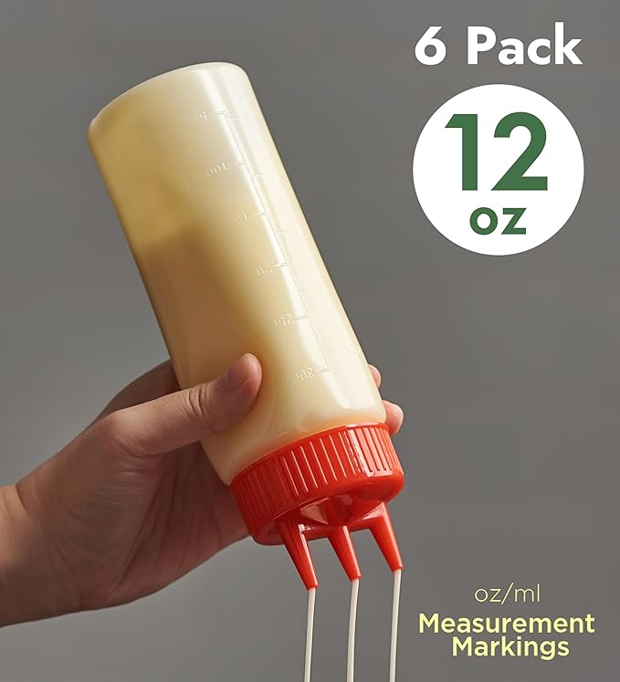CURTA 6-Pack 12 oz Clear Squeeze Bottle with 3 Open Tips, BPA-Free Easy-to-Squeeze Plastic Condiment Dispenser with oz & ml Markings for Sauce, Oil, Dressing, Dishwasher Safe, Red