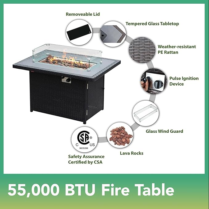 7 Piece Outdoor Patio Furniture Black Wicker Sunbrella Coal Conversation Set with Fully Assembled Sectional and 42-inch Propane Gas Fire Table