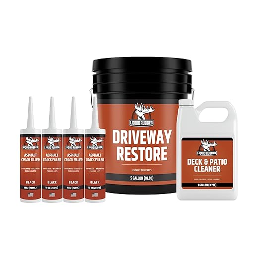 Liquid Rubber Driveway Restore Sealant - Highly Flexible Asphalt Coating Fills Cracks and Revitalize, Kit- Includes 5 Gallon Sealer, Crack Filler 10.2 oz 4 Pack, Patio Cleaner 1 Gallon