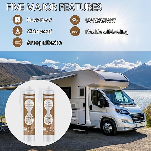 Self Leveling RV Roof Sealant, RV Sealant White, Camper Roof Sealant, Flexible RV Caulk for Camper, Skylight, Trailer Repair (2 Pack)