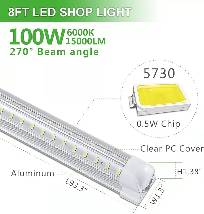 4Pack 8FT LED Shop Light Garage Lights,100W 6000K 15000LM White Light,Hanging/Surface Mount,Plug and Play,Super Bright T8 Tube Light,Linkable LED Shop Lights for Warehouse Workshop Basement