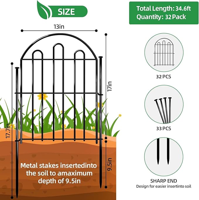 32 Pack Decorative Garden Fence, 17in x 34.6ft Arched No Dig Animal Barrier Fence for Dog Rabbit, Garden Edging Border, Rustproof Metal Ground Stake Border Fencing Panel for Outdoor Yard Patio Decor