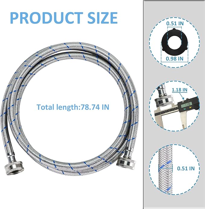 Cenipar Washing Machine Hoses 6FT straight Stainless Steel Burst Proof 2 Pack - Hot and Cold Water Supply Hoses Fit for ALL Washing Machine