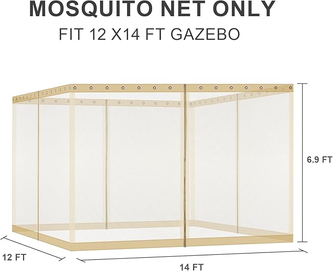 BPS 12' x 14' Gazebo Universal Mosquito Netting Screen Replacement, 4-Panel Screen Walls with Double Zippers for Outdoor Patio, Khaki (Mosquito Net Only)