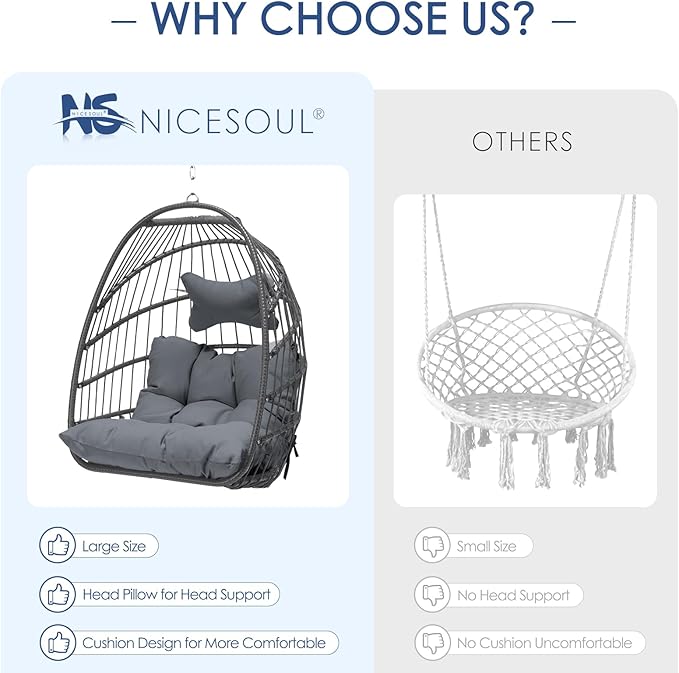 Nicesoul Patio Hanging Egg Chair No Stand, Foldable Ceiling Egg Basket Chairs Without Stand Indoor Outdoor, 350lbs Egg Shell Swing Hammock Chair with Cushion for Backyard, Balcony, Outside, Dark Grey