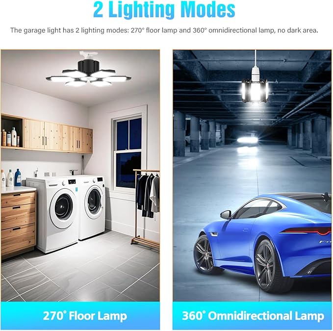 Garage Light 100W with 6 Adjustable Panels, E26/E27 Screw in Garage Lights Ceiling Led for Barn Attic Warehouse-2 Pack