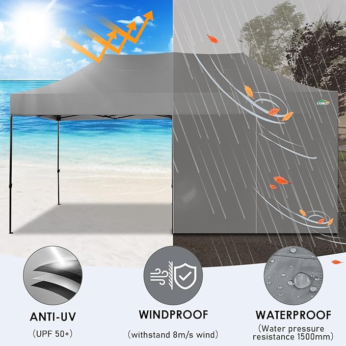 COBIZI 10x20 Heavy Duty Pop up Canopy Tent with 6 sidewalls Easy Up Commercial Outdoor Canopy Wedding Party Tents for Parties All Season Wind & Waterproof Gazebo with Roller Bag,Grey(Frame Thickened)