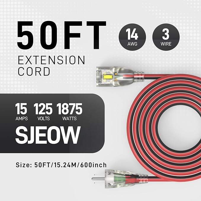 50FT Extra Long Medium Duty Outdoor Extension Cords, 14/3 Gauge Electrical Wire Cable, 15 Amp Waterproof, LED Lighted Locking Plug for Indoor and Outside Use, Power Cord ETL Certified