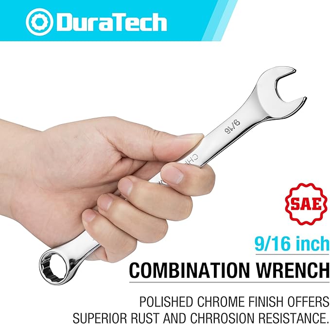 DURATECH 9/16" Combination Wrench, SAE, CR-V Constructed with Mirror Polish, 12-Point, 15-Degree Offset