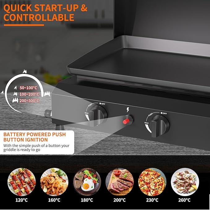 SKOK 3 Burner Gas Griddle with Hood- 23.3 Inch Outdoor Propane Griddle-45000 BTU Propane Fuelled, Portable Flat Top Gas Grill Camping Griddle with Lid for Kitchen, Outdoor BBQ, Camping