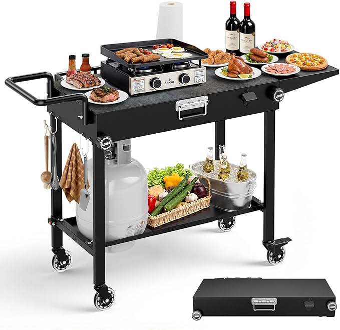 Portable Grill Cart for Blackstone Griddle, 440lb Foldable Outdoor Grill Table with Wheels for Ninja, 31" W x 17" D Blackstone Griddle Stand with Caddy Fit 17” or 22”, Black