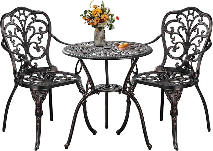 Patio Bistro Set 3 Piece Cast Aluminum Bistro Set, Outdoor Bistro Table and Chairs Set of 2 with Umbrella Hole for Porch, Lawn, Garden, Backyard, Pool (Brown)
