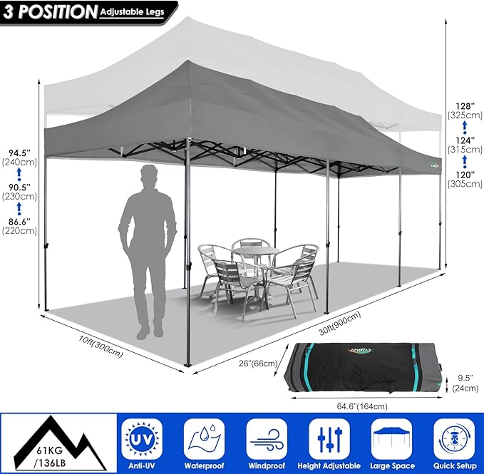 COBIZI 10x30 Heavy Duty Pop up Canopy with 8 sidewalls Stable Wedding Outdoor Tents for Parties Canopy Pop Up Party Tent UPF 50+ Waterproof Commercial Gazebo with Roller Bag, Gray(Windproof Upgraded)