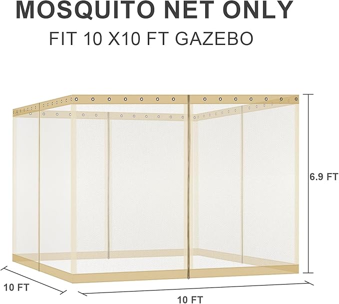 BPS 10' x 10' Gazebo Universal Mosquito Netting Screen Replacement, 4-Panel Screen Walls with Double Zippers for Outdoor Patio, Khaki (Mosquito Net Only)
