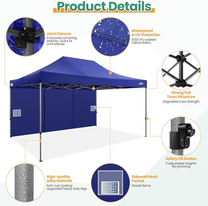 COBIZI 10x15 FT Heavy Duty Pop up Canopy with 4 Removable Sidewalls, Easy up Gazebo High Stability, All Weather Sunshade 100% Waterproof Outdoor Canopy Tents with Carry Bag, Dark Blue