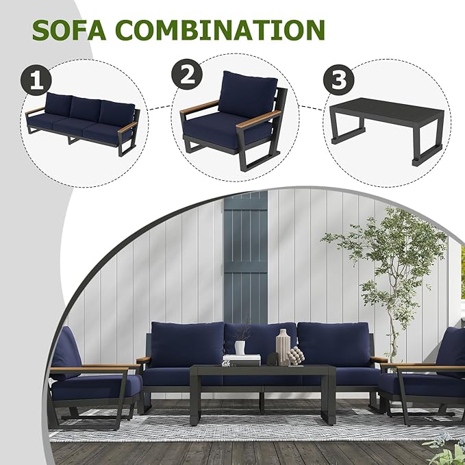 Aluminum Outdoor Furniture with Coffee Table,5 Seats Patio Furniture Set Sectional Waterproof Sofa with Conversation Set Table with Upgrade and Washable Cushion Blue
