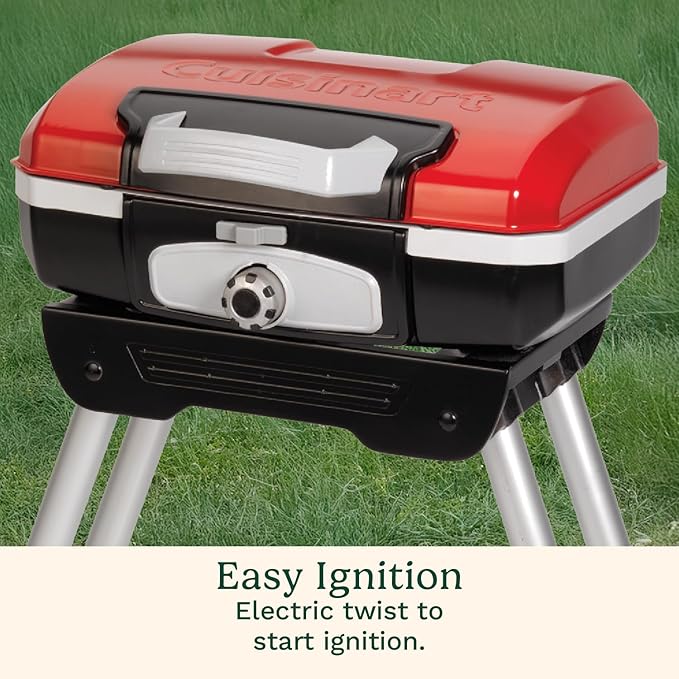 Cuisinart Petite Gourmet Portable Gas Grill with VersaStand, Compact Portable Grill Propane, 150 Sq. In. Cooking Surface, 5,500 BTU Burner Small Gas Grills for Camping, BBQ, Adjustable Base, Handles