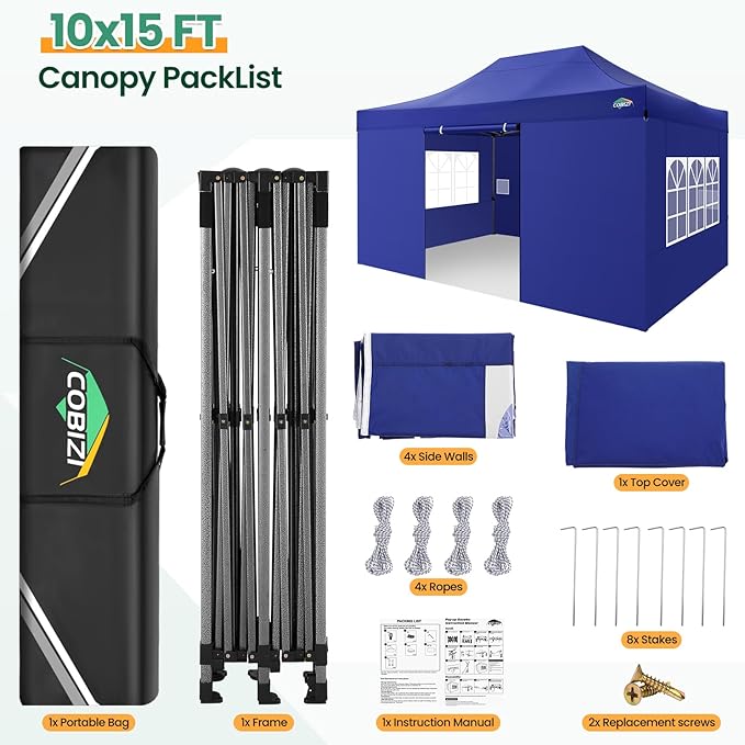 COBIZI 10x15 FT Heavy Duty Pop up Canopy with 4 Removable Sidewalls, Easy up Gazebo High Stability, All Weather Sunshade 100% Waterproof Outdoor Canopy Tents with Carry Bag, Dark Blue