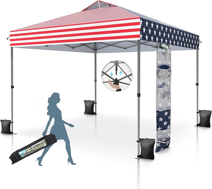 MFSTUDIO Pop Up Canopy Tent, 10x10 Outdoor Canopies One Person Push Set Up Tent Instant Portable Shelter Tents with Vented Top, Storage, 4 Sandbags, Beach Canopy, Red Stripe