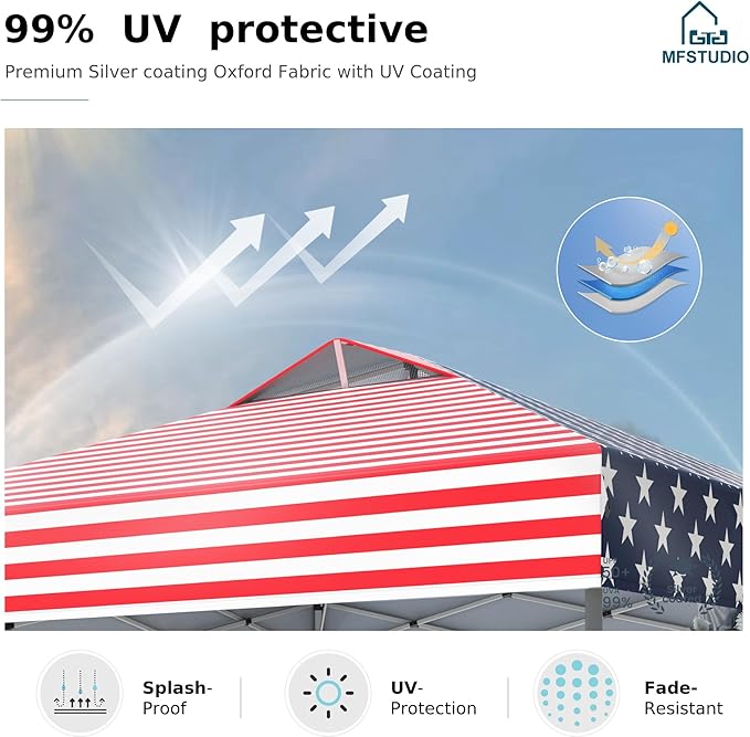 MFSTUDIO Pop Up Canopy Tent, 10x10 Outdoor Canopies One Person Push Set Up Tent Instant Portable Shelter Tents with Vented Top, Storage, 4 Sandbags, Beach Canopy, Red Stripe