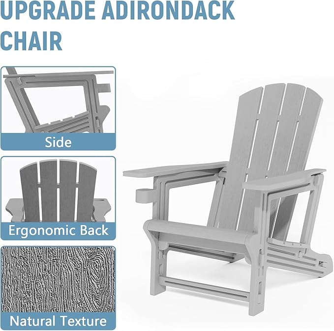 Adirondack Chair, HDPE Plastic Adirondack Chairs, All Weather Fire Pit Chairs with Cup Holder, Outdoor Lawn Chair for Patio, Garden, Backyard, Grey
