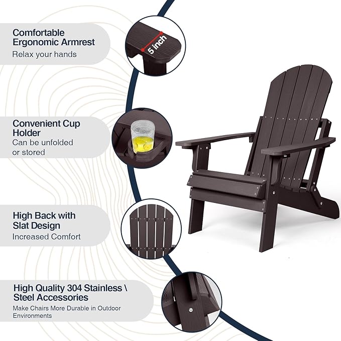 Folding Adirondack Chair, All Weather Resistant Plastic Chair with Cup Holder, Fold or Unfold Easily in 1 Second, Outdoor Chairs for Patio, Garden, Backyard Deck, Lawn Fire Pit(Brown)
