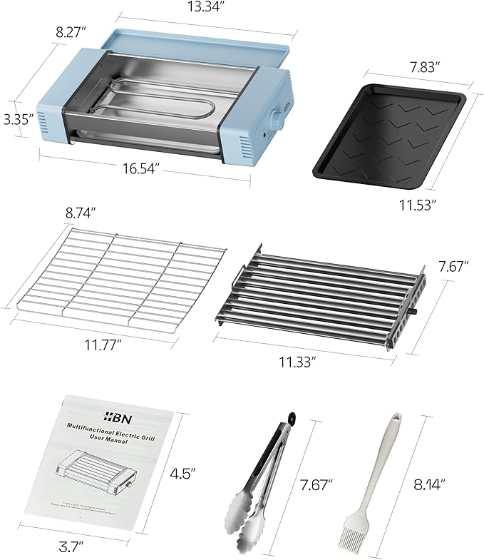 HBN 3-in-1 Hot Dog Roller Grill Machine with Nonstick Plate & Grill Rack, 800W Compact Indoor Electric Sausage Griller for Kitchen, Home, Small Space Use (Sky Blue)