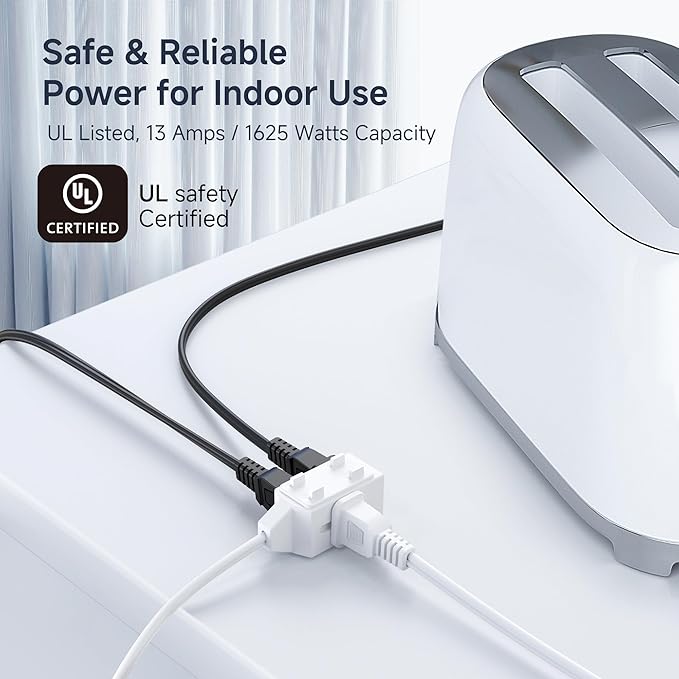 [UL Listed] Cable Matters 2-Pack 16 AWG 2 Prong Long Extension Cord 15 ft, 13A 3-Outlet Extension Cords with Tamper Guard, 13 Amp, 1625 Watts, White